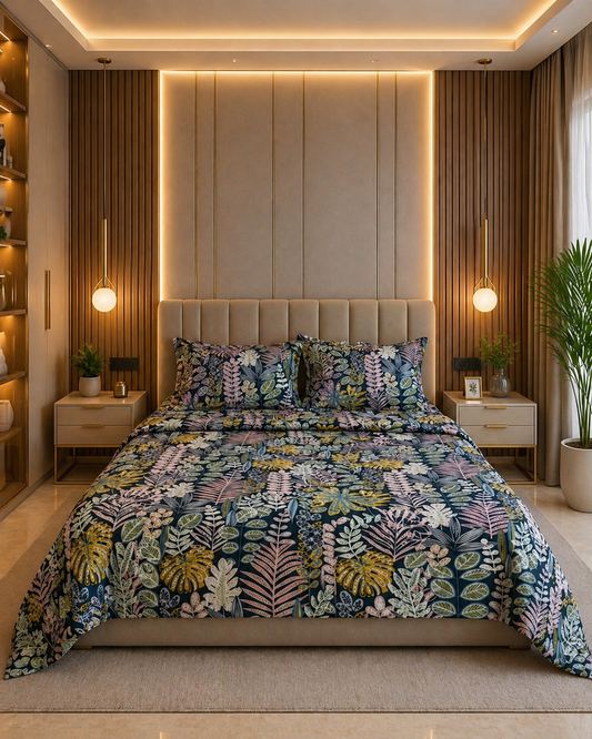 Cotton Satin Tropical Printed Bedsheet Set with Pillow Covers | Silky Soft & Breathable