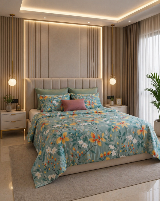 Spring Bloom Cotton Satin Bedsheet Set – Soft, Fresh & Floral Comfort