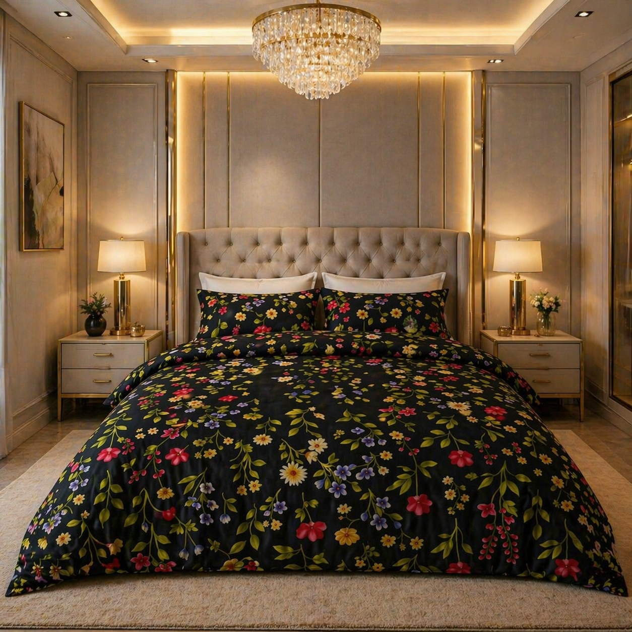 Midnight Garden Cotton Bedsheet Set – Premium Floral Luxury